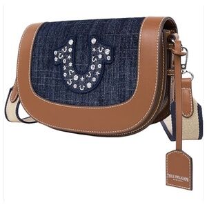 NWT Original TRUE RELIGION Flap Embellished Studded Saddle Crossbody Bag Denim